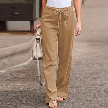 Women Cotton Linen Loose Pants Summer High Elastic Waist Drawstring Wide Leg Trousers JYFS-HS1435
