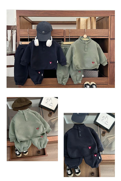 2024 Winter New Baby Boys Fleece Sweatshirt + Sweat Pants 2pcs Suit Infant Plus Velvet Thick Clothes Set Toddler Warm Outfits