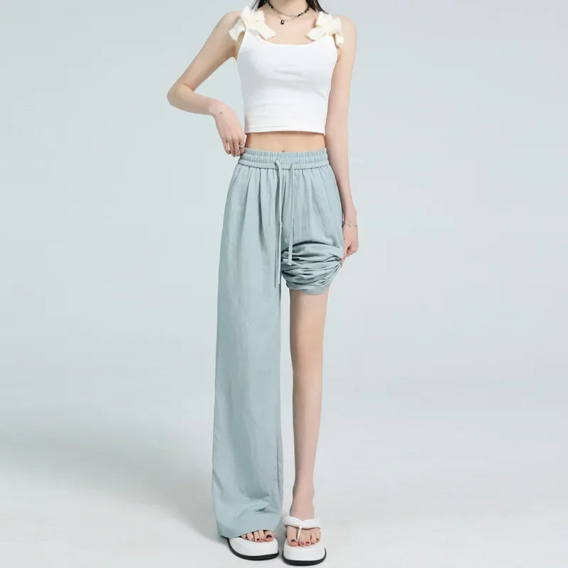 White Ice Silk Wide Leg Pants Women's Summer Thin High Waist Slimming Casual Versatile Elastic Waist Draped Straight Leg Trouser