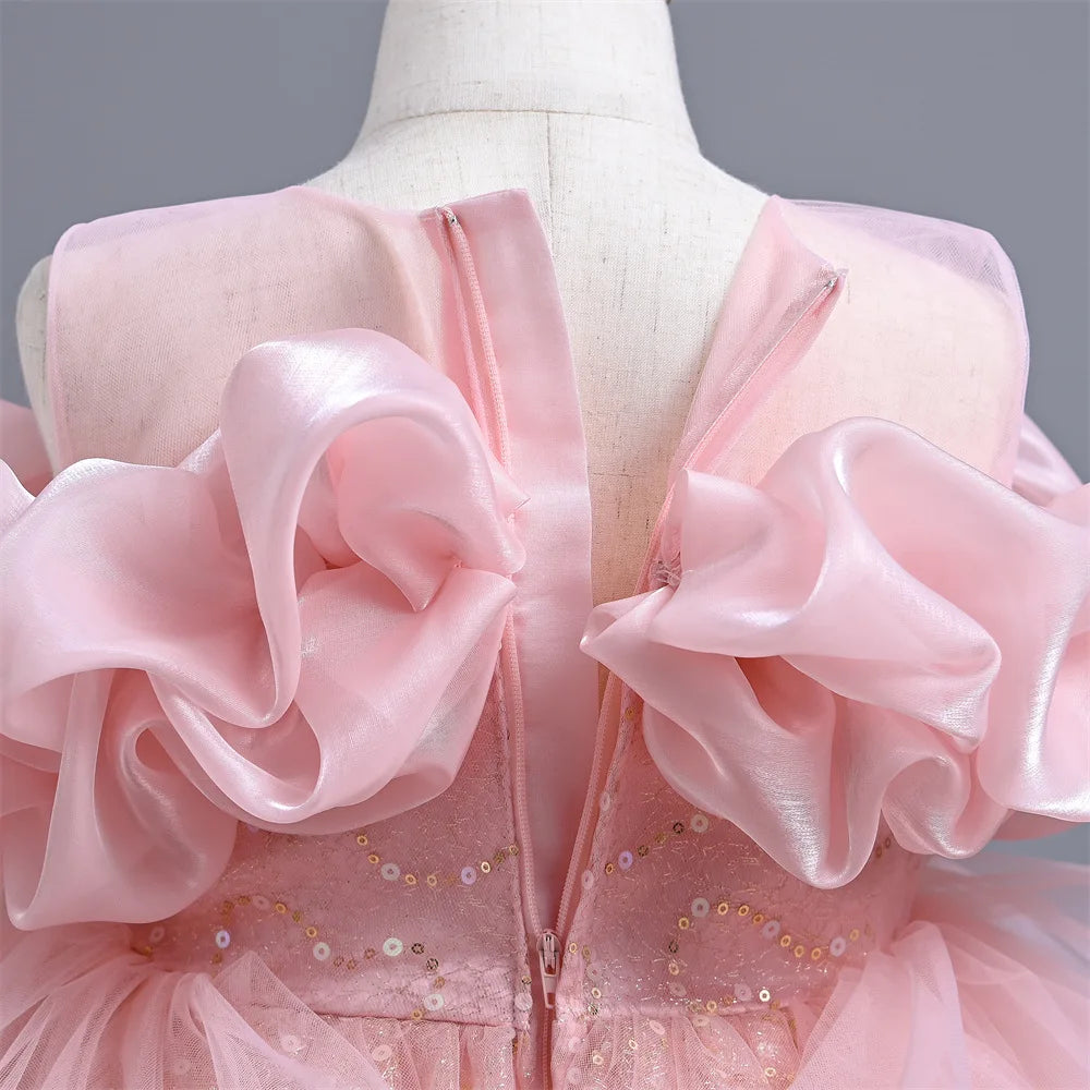 New Girl's Wedding Evening Dress Petal Sequin Mesh Sleeveless Dress Birthday Party School Graduation Party Dress