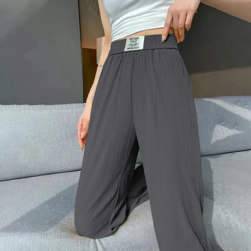 Ice Silk Wide Leg Pants Women's Spring Summer Autumn Thin High Waist Loose Straight Casual Long Trousers Comfortable Polyeste...
