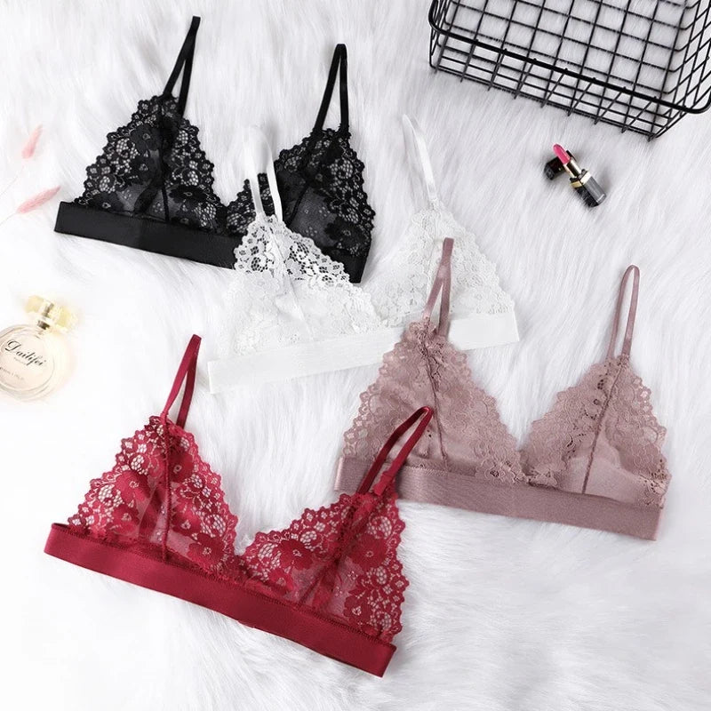 Plus Size Romantic Full Lace Bralette for Women Sexy French Style Sheer Wireless Bra Ultra Thin Hollow Out Demi Cup Brassiere