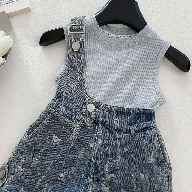 Girls' Clothing Set Sleeveless Top+printed Denim Shorts Two-piece Set for Girls Fashion Suits