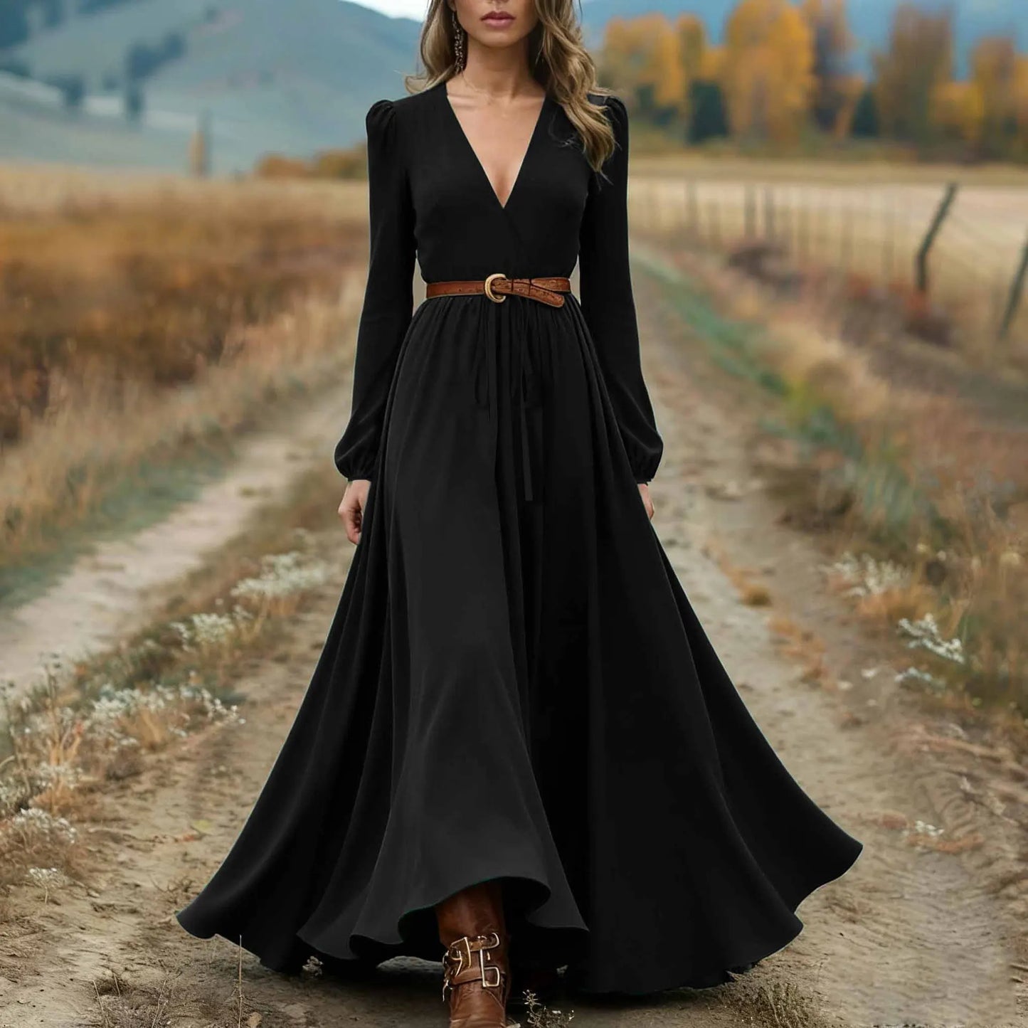 Women's Spring Autumn Retro Western Style V-neck Long Sleeve Dress Fashion Casual Long Dresses Elegant Party Dresses(no belt)