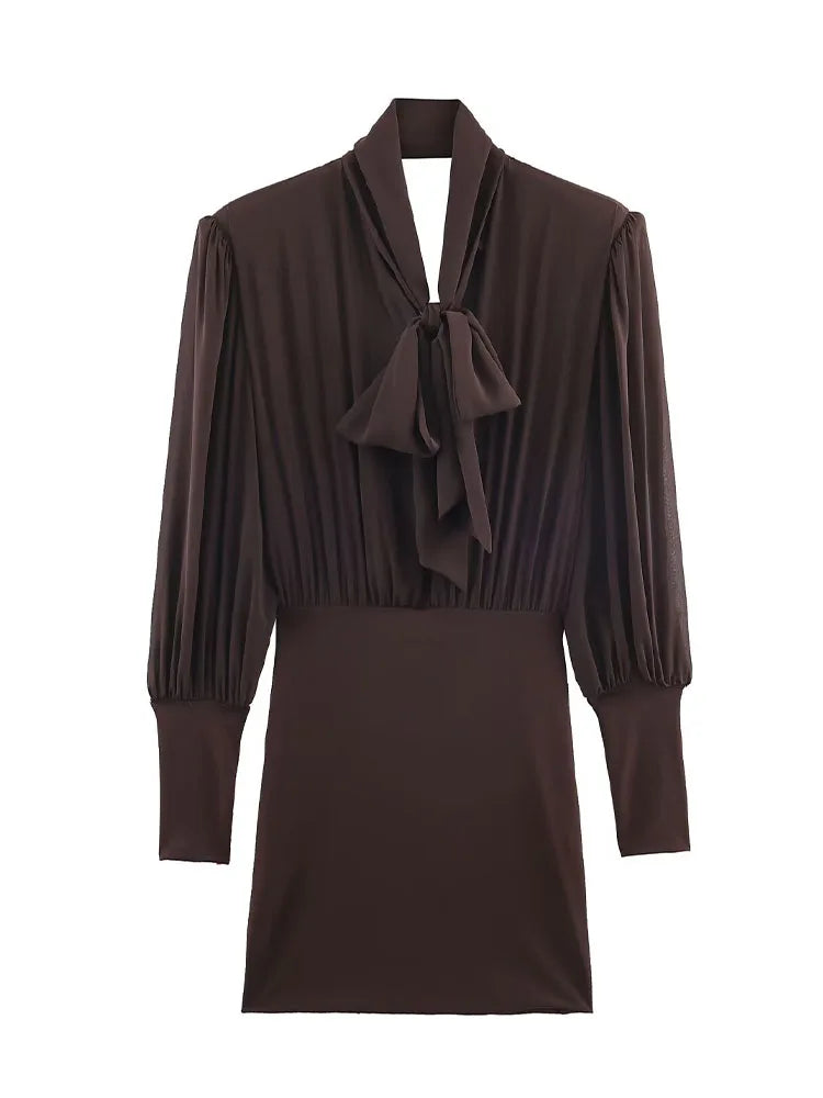 HH Female Party Dress Women Patchwork Short Dress Fashion Sexy Backless Long Sleeves Bow Tie Decoration Casual Summer Dress