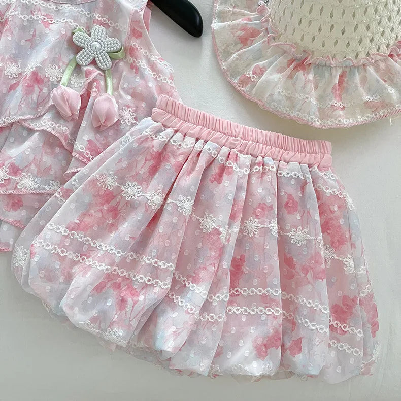Baby Girls Summer Clothes Sweet Lace Embroidery Flowers 3pcs Sets Tops Shirts+shorts+hat,Kids Children Princess Clothes