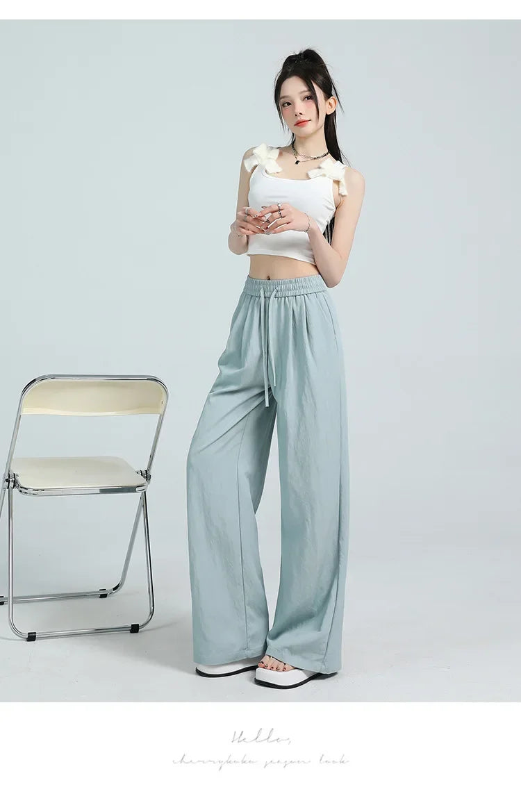 White Ice Silk Wide Leg Pants Women's Summer Thin High Waist Slimming Casual Versatile Elastic Waist Draped Straight Leg Trouser