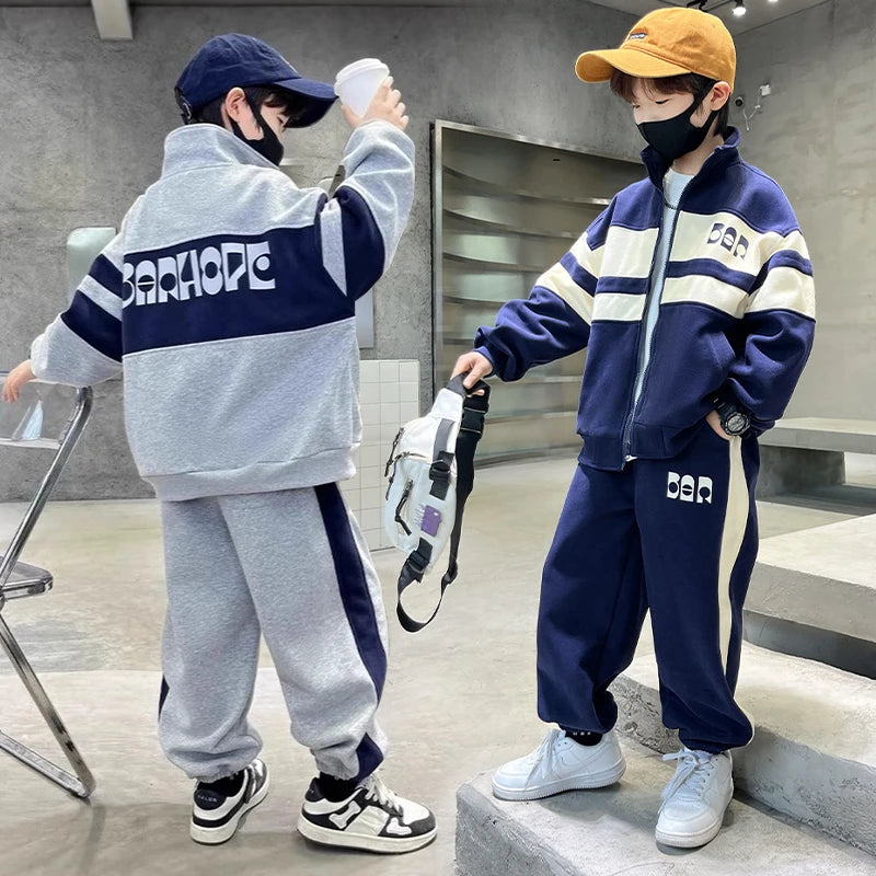 Fashion Boys Clothing Set Spring Autumn Patchwork Zipper Coat Pants 2Pcs For 4-12 Years Kids Tracksuits Teenager Casual Outfits (Available)