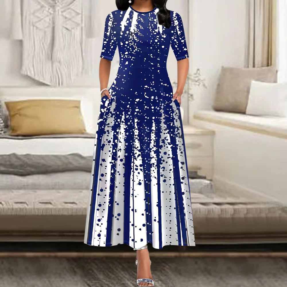 Women's Elegant Party Long Dresses Loose Round Neck Short Sleeves Retro Printed Casual Long Dress