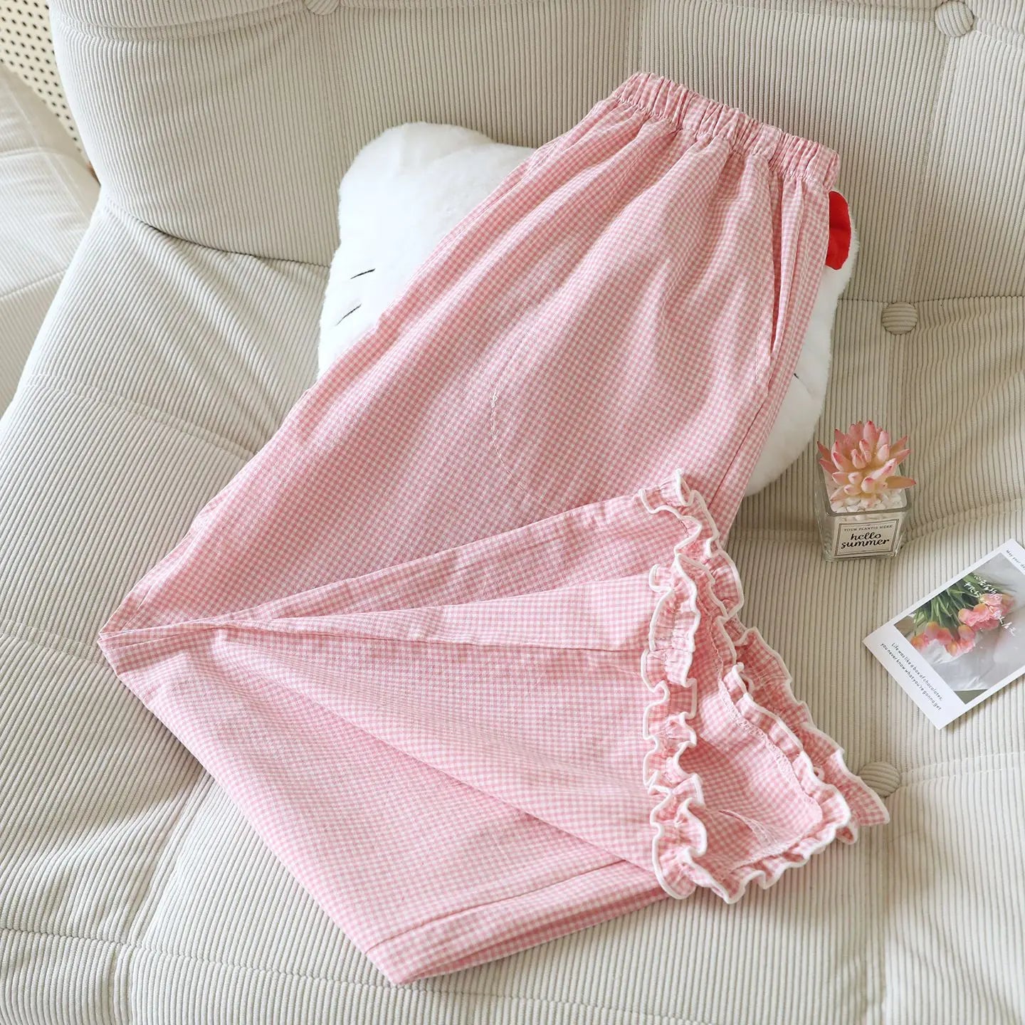 Spring and Summer Thin Loose Size Plaid Design Women's Pajama Pants Elastic Waist Casual Homewear Women Nine-point Trousers
