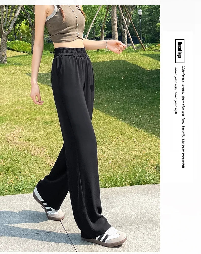 Slim Wide Leg Pants High Waist Drapey Thin Ice Silk Grey Small Size Straight Cut Women's Summer Trousers Long Pants
