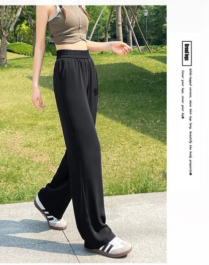 Slim Wide Leg Pants High Waist Drapey Thin Ice Silk Grey Small Size Straight Cut Women's Summer Trousers Long Pants