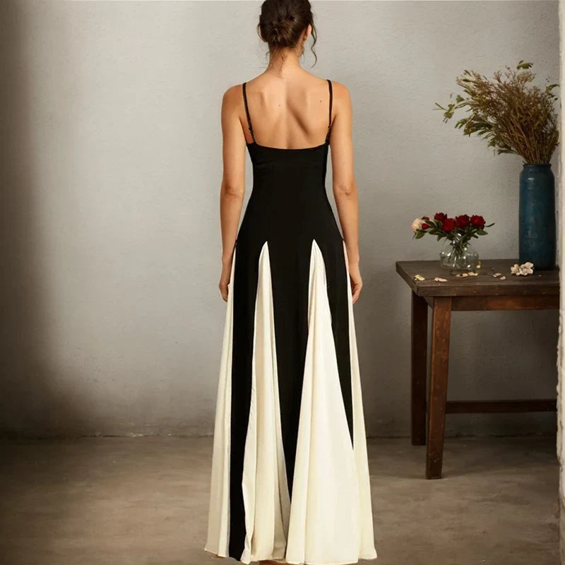 Sexy Sleeveless Women's Slip Dresses Elegant Contrast Color Spaghetti Straps Backless Long Dress Fashion Luxury Party Vestidos
