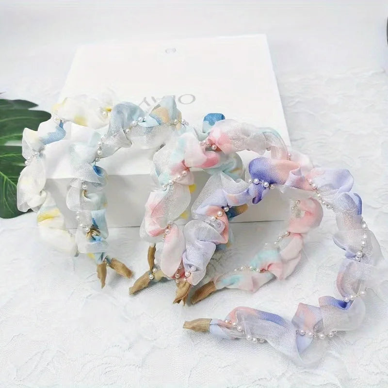 French Pearl Headband – Crinkled Fabric with Floral Print, Padded Volumizing Hairband for Women Headbands for Women