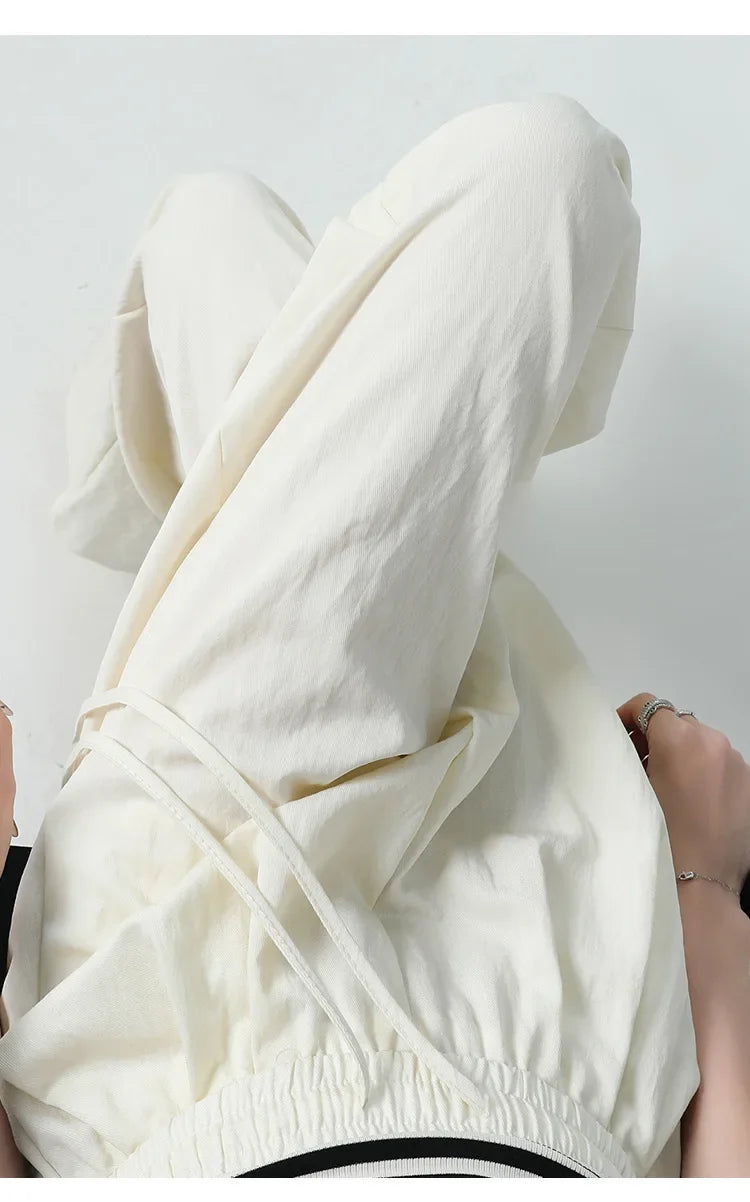 White Ice Silk Wide Leg Pants Women's Summer Thin High Waist Slimming Casual Versatile Elastic Waist Draped Straight Leg Trouser