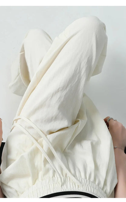 White Ice Silk Wide Leg Pants Women's Summer Thin High Waist Slimming Casual Versatile Elastic Waist Draped Straight Leg Trouser