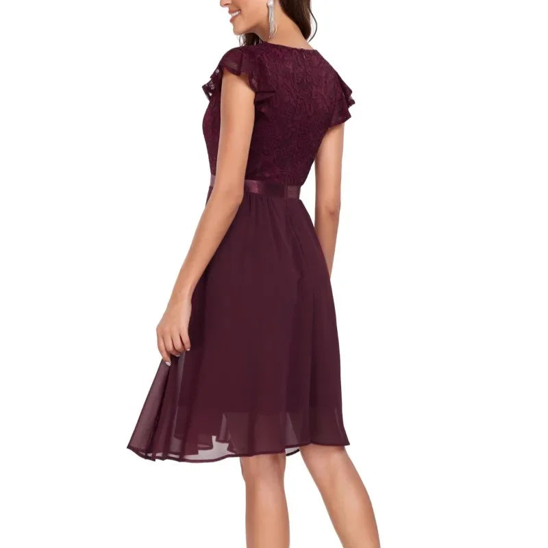 New Women'S Party Dresses Short Sleeve Lace Mid Length Dresses Soild Formal Evening Dress Fine Woman Summer Elegant Dress