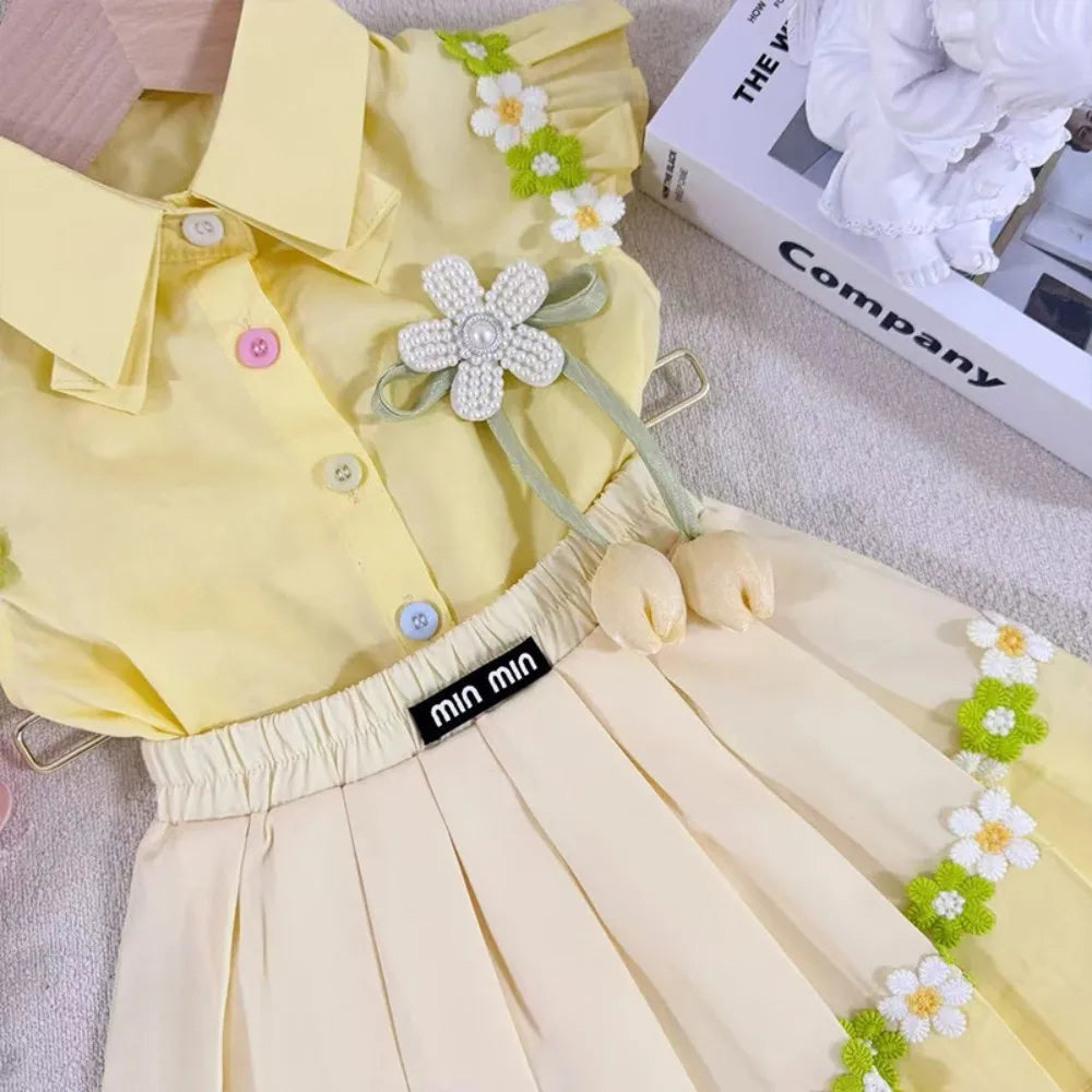 Bear Leader Summer Sweet and Cute Girl's Suit Pink 3D Decal Top+Decal Pleated Skirt 2Pcs Set Korean Fashion Children's Clothing