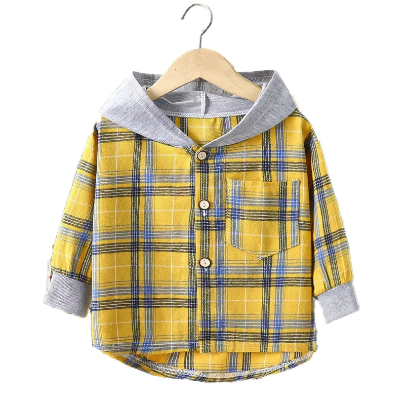 Spring and Autumn Children's Coat Plaid Boy Shirt Hooded Plaid Shirt 2-12 Year Old Girl Long Sleeved Coat Baby Clothes