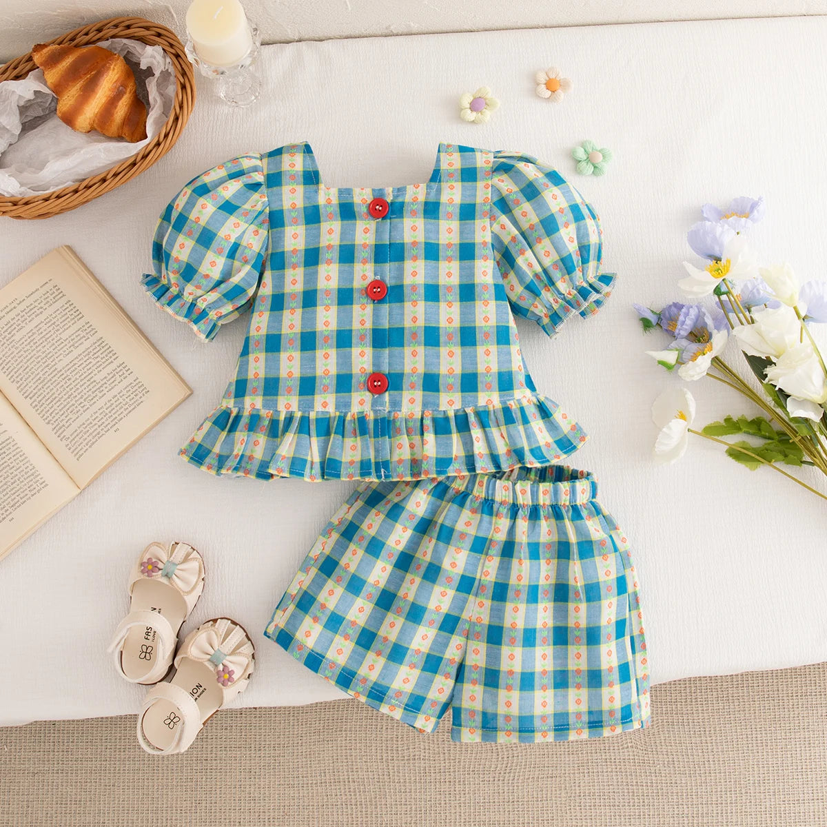 Baby Girl Cotton Color Plaid Bubble Sleeve Top And Shorts Set Cute Princess Style Two-Piece Set For Girls