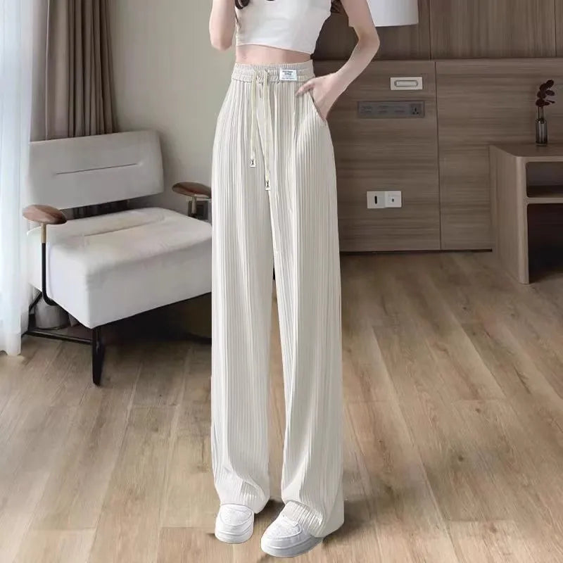 Ice Silk Wide Leg Pants Women's Summer Thin Hanging Sense Small Casual Summer Cool Straight Tube Pants High Waist Nine Points
