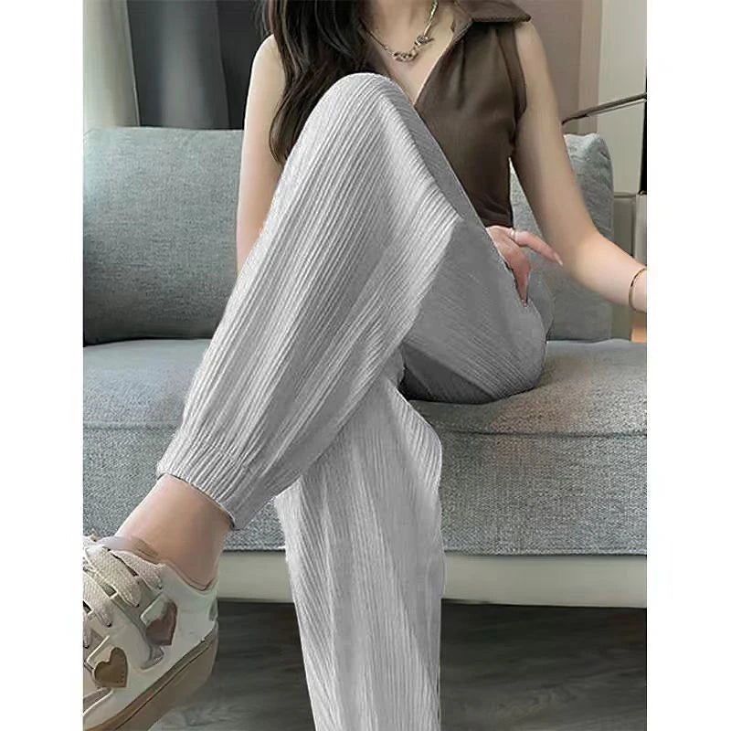 Ice Silk Casual Wide Leg Harem Pants Trousers Solid Elastic Waist Women Clothing Sweet Streetweat Summer Ankle-Length Pants New