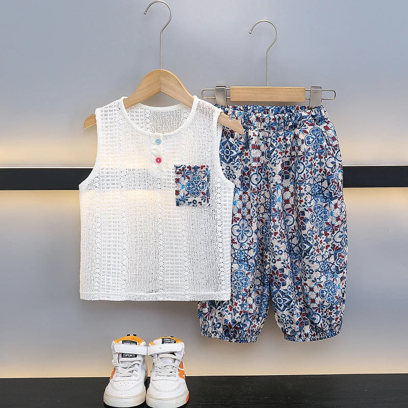Boys Summer Hollow out Vest Set Breathable Me Svel Long Pants Two Piece Suit Teen Casual Sportswear Cotton Blend orts
