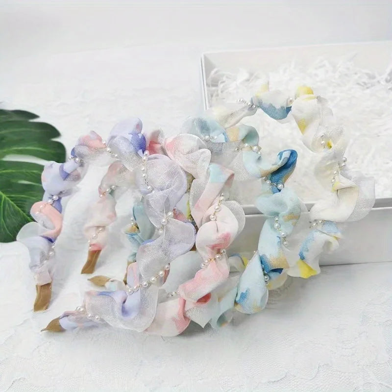 French Pearl Headband – Crinkled Fabric with Floral Print, Padded Volumizing Hairband for Women Headbands for Women