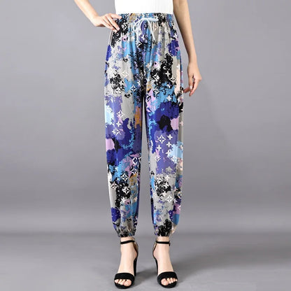 Summer Ladies Ice Silk Loose Casual Home Pants Elastic plus Size Mom Square Sports High Waist Straight Leg Length Nine Points