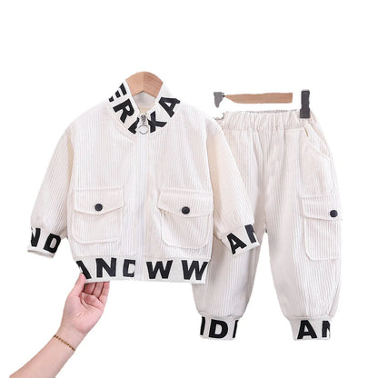 Baby Boys Clothes Suit Children Fashion Autumn/Winter Printed Corduroy Boys' Coat Zipper Long Sleeve Boys' Top+Pants Casual Set