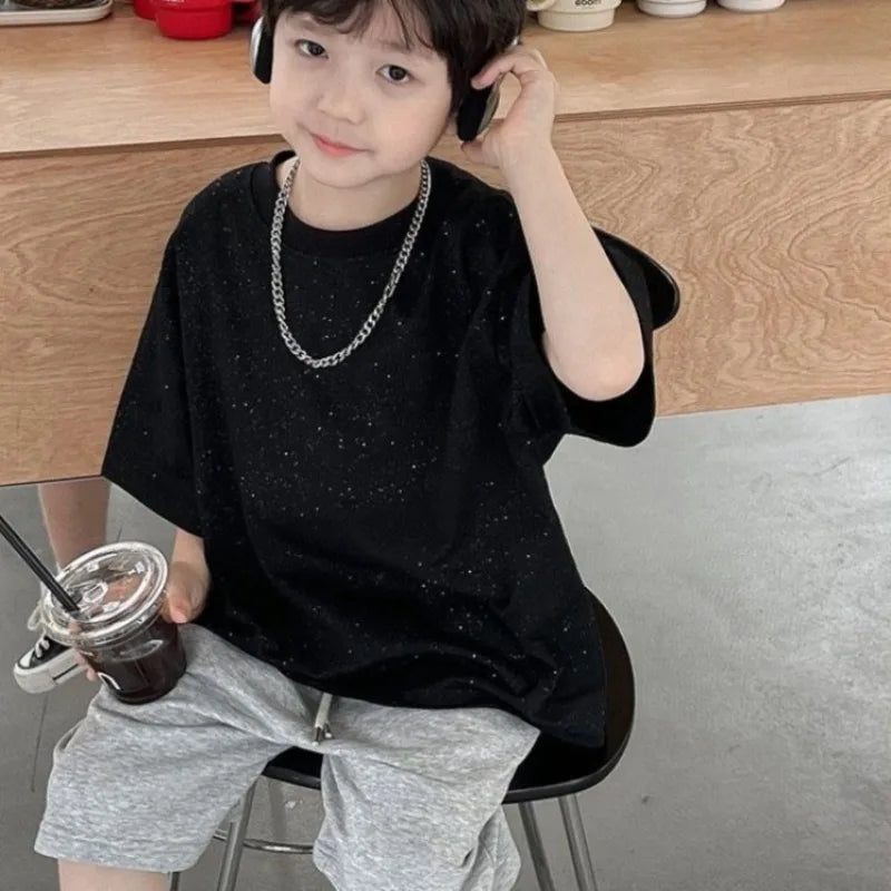 Kids' Oversized Star Print T-Shirt Korean Style Summer Casual Breathable Cotton Top