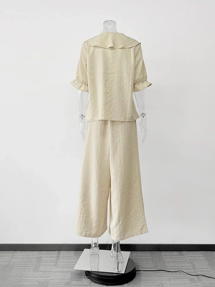 Women Linen Pajama 2 Piece Set Short Sleeve Front Ruffle Shirt PJs Pants Lounge Cute Sleepwear Casual Homewear Set