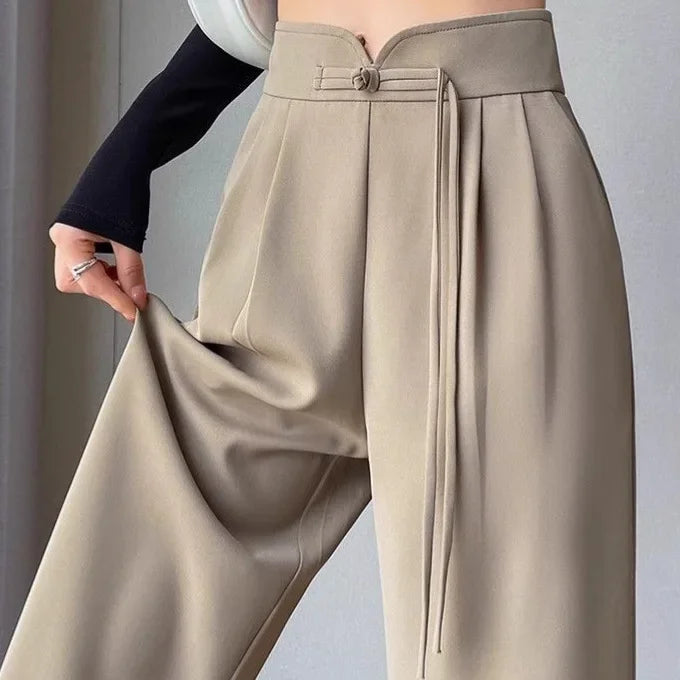 New Chinese Style High Waist Buttoned Suit Pants Women's Spring Summer Casual Wide Leg Pants Versatile Slimming Design