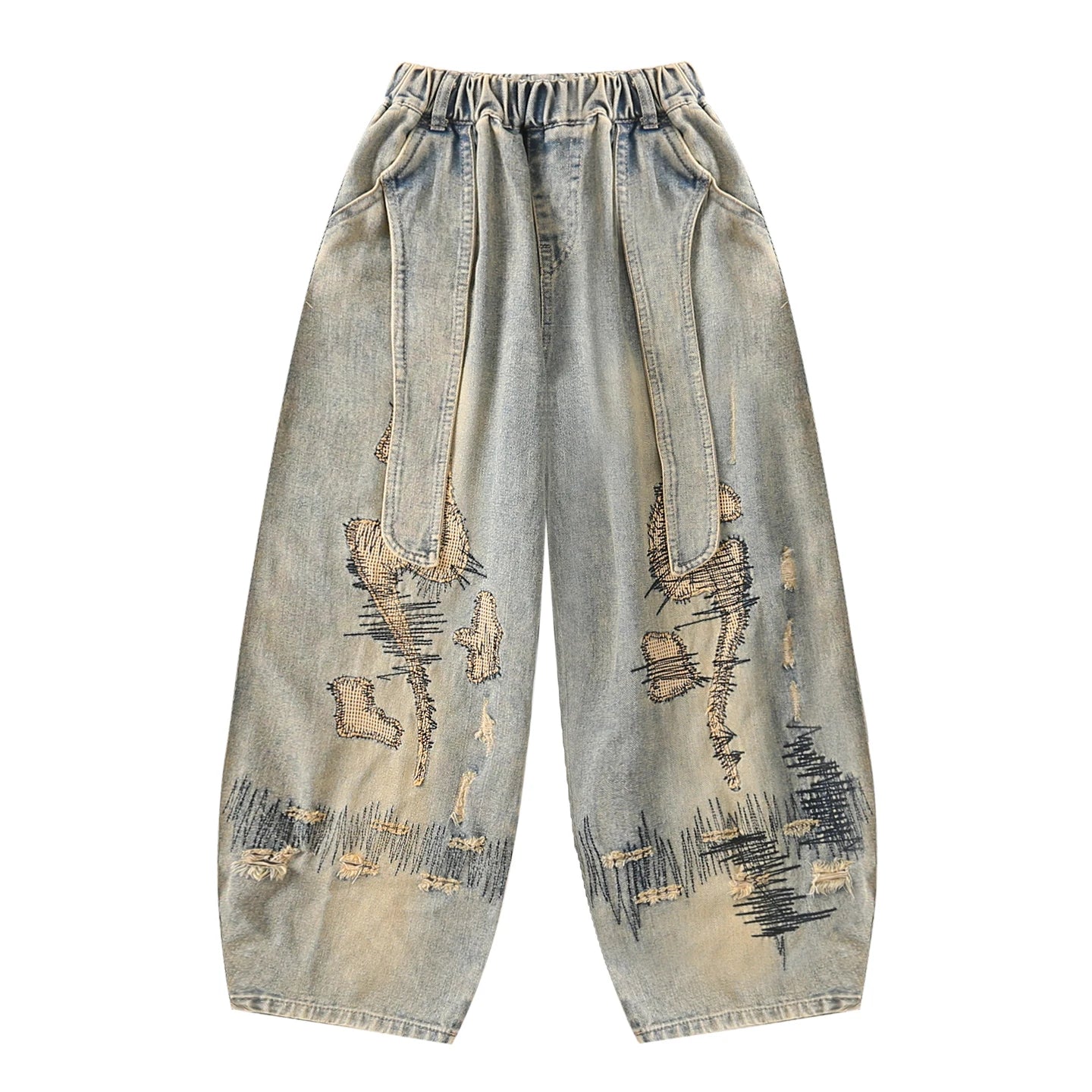Korean Boy Luxury Hip Hop y2k Baggy Ripped Jeans Kids High Street Fashion Hiphop Rap Dance Denim Pants Child Performance Trouser
