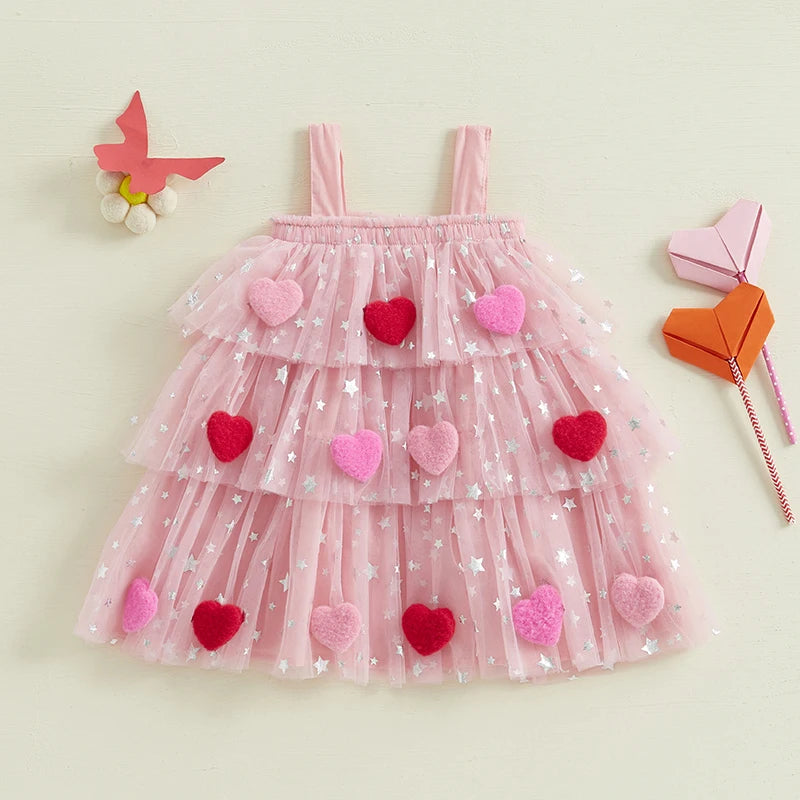 New Girls Dress Sweet Summer Kids Girl 3D Heart Tulle Dress Princess Children Sleeveless Birthday Vestidos Holiday Wear