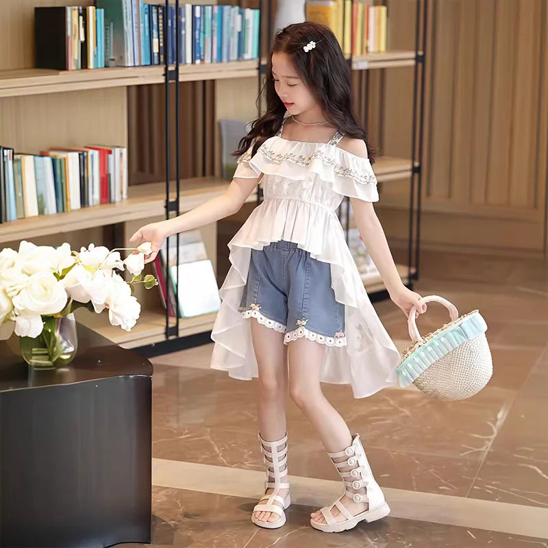 New Style Children's Strap Skirt Top Cowboy Shorts Kids Fashion Outwear Two Piece Set