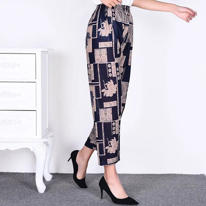 High Waist Floral Pants Straight Leg Home Leisure Women's plus Size High Elasticity Air Conditioning Pants Casual Trousers