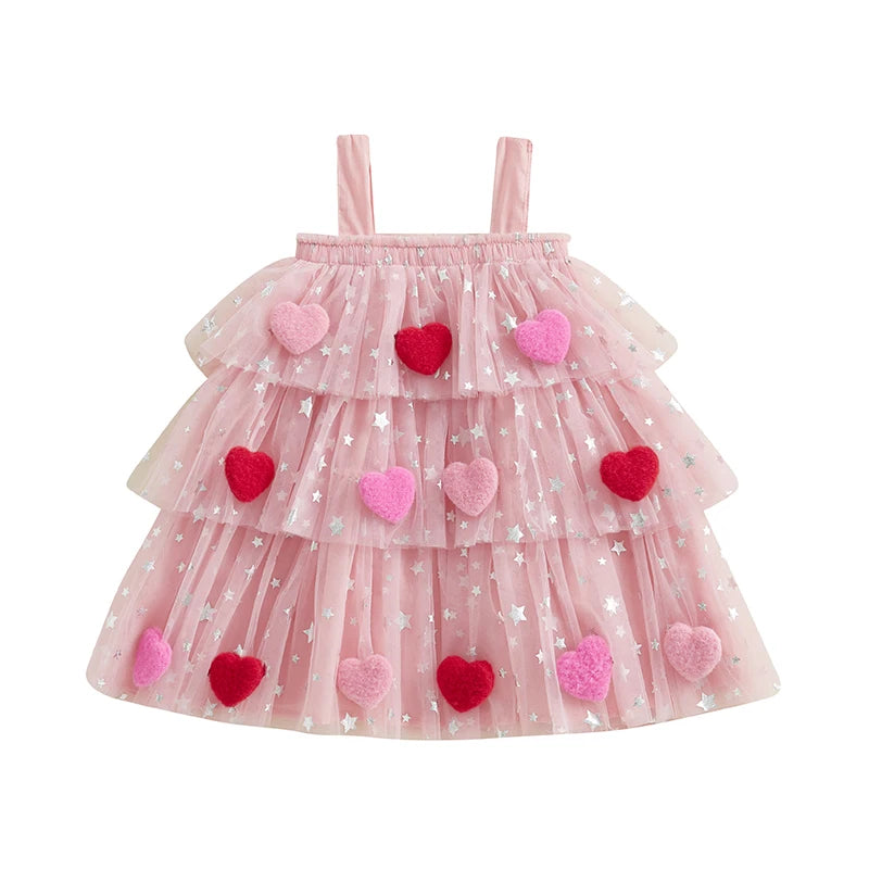 New Girls Dress Sweet Summer Kids Girl 3D Heart Tulle Dress Princess Children Sleeveless Birthday Vestidos Holiday Wear