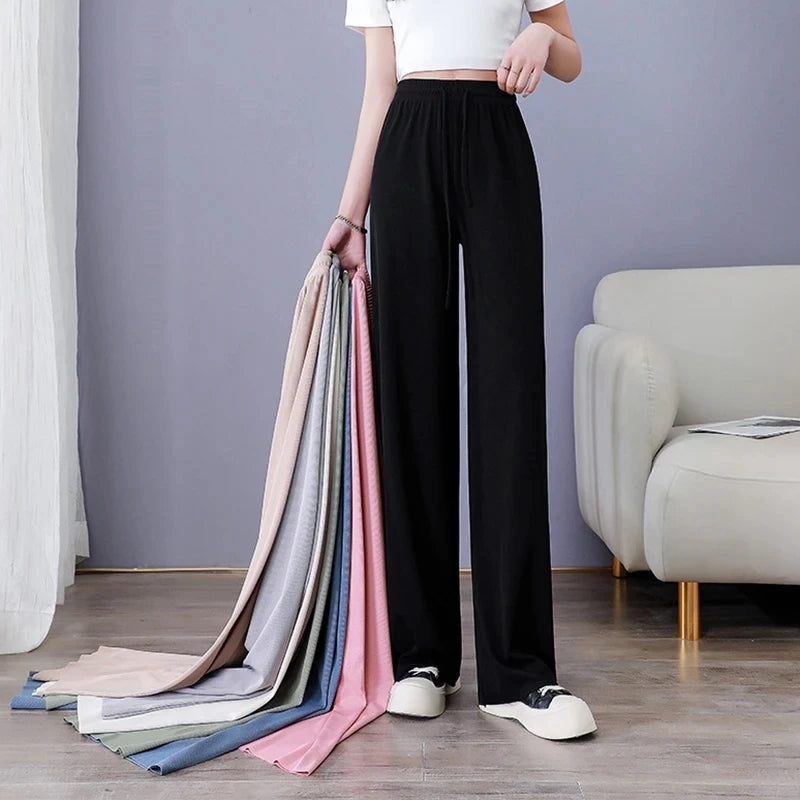 2024 New Women Ankle-Length Wide Leg Pants Casual Summer Solid Elastic Waist Loose Ice Silk Pants Spring Summer Female Trousers