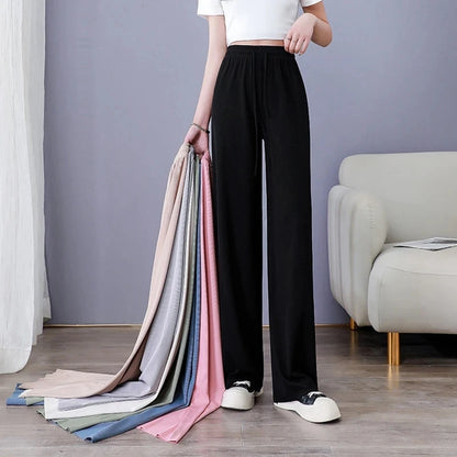 2024 New Women Ankle-Length Wide Leg Pants Casual Summer Solid Elastic Waist Loose Ice Silk Pants Spring Summer Female Trousers