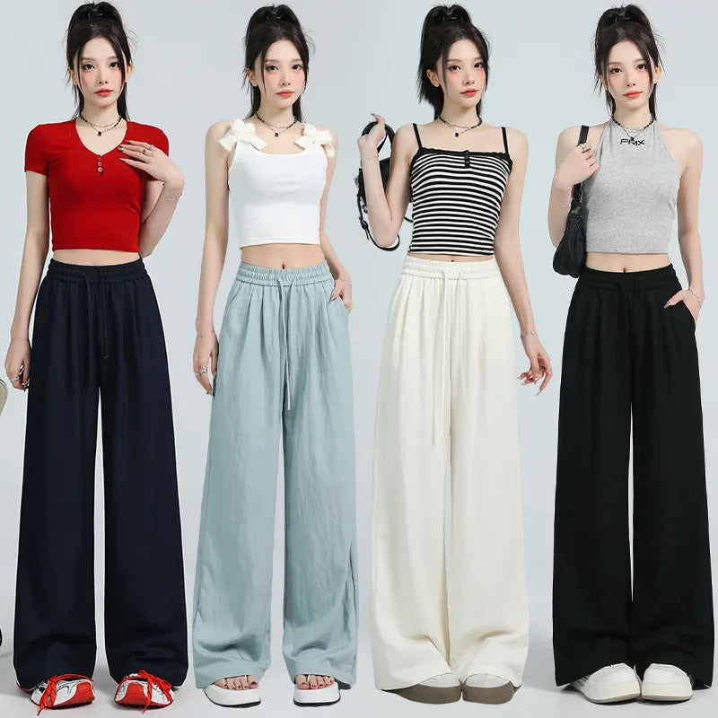 White Ice Silk Wide Leg Pants Women's Summer Thin High Waist Slimming Casual Versatile Elastic Waist Draped Straight Leg Trouser