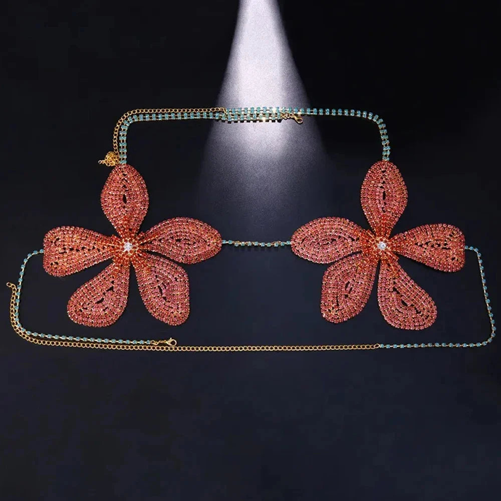 2024 Festival Pink Flower Bra Chain Harness Chest Accessories Rave Bikini Tops Large Crystal Body Chain Lingerie for Women