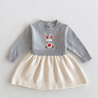 2024 New Autumn Kids Princess Dresses Long Sleeved Knitted Splicing Baby Girl Knitting Party Dress Children Knitting Clothes