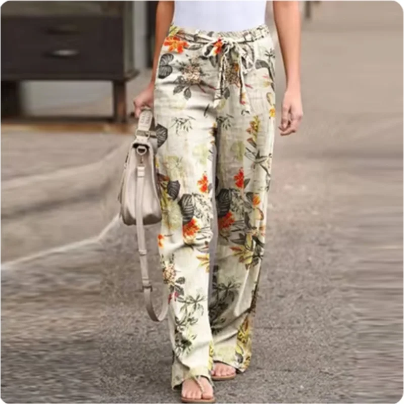 Women's Vintage Casual Printed Art Pants Pocket Strap Straight Leg Loose Comfortable Pants