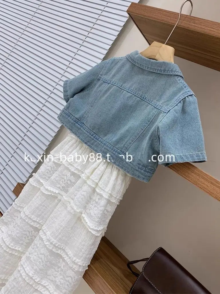 Girls Summer Set New Teenage Girls Bubble Sleeves Short denim cardigan jacket lace suspender skirt set Children's clothing set