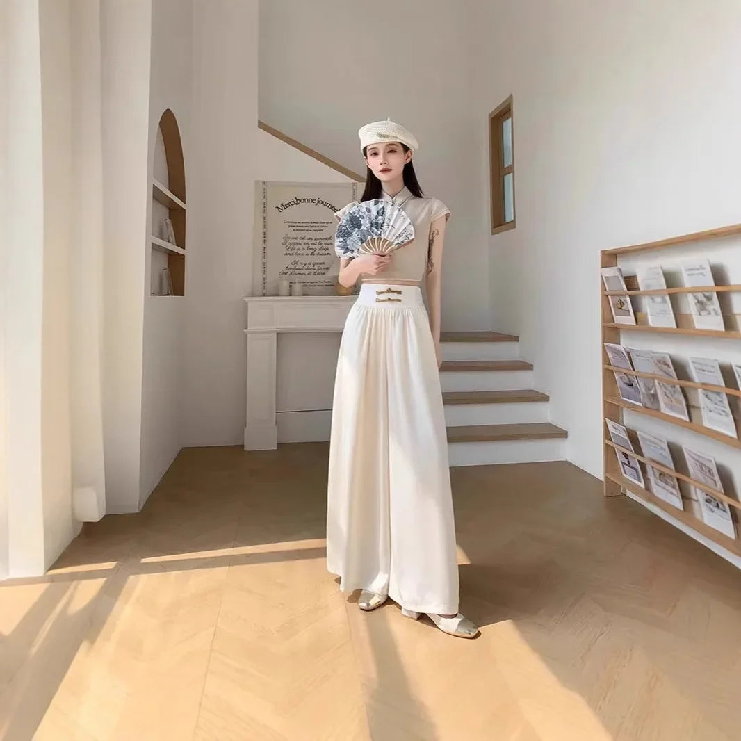 High Waist Drapey Wide Leg Casual Pants Women's Spring Summer New Chinese Design Long Trousers Southeast Asian National Style Bu