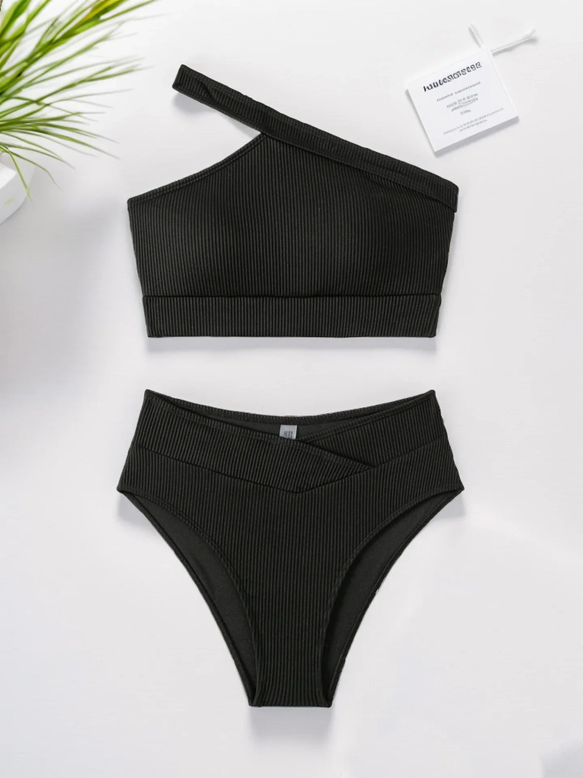 Ribbed Knit One Shoulder Bikini Asymmetrical Strap Crop Top V‑Shaped High Waisted Bottom Two‑Piece Swimsuit Women Tummy Control