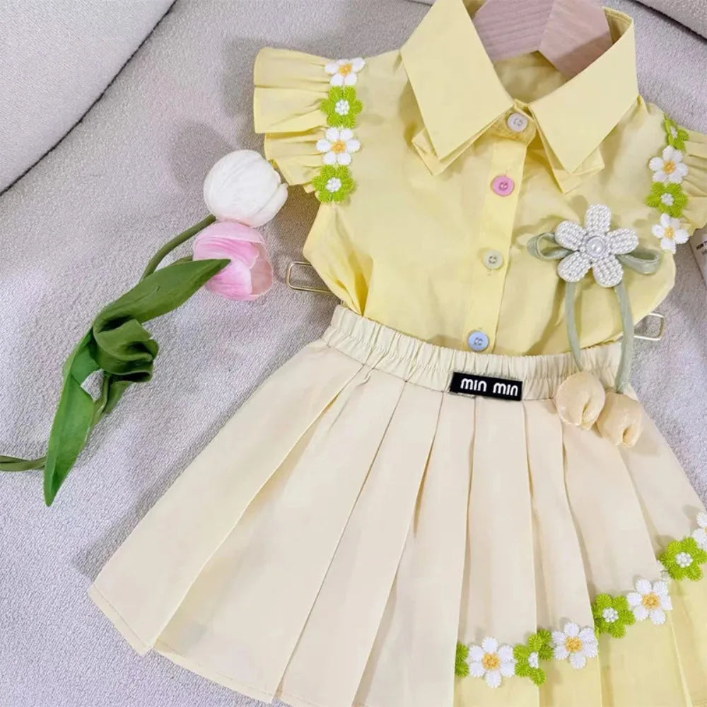 Bear Leader Summer Sweet and Cute Girl's Suit Pink 3D Decal Top+Decal Pleated Skirt 2Pcs Set Korean Fashion Children's Clothing
