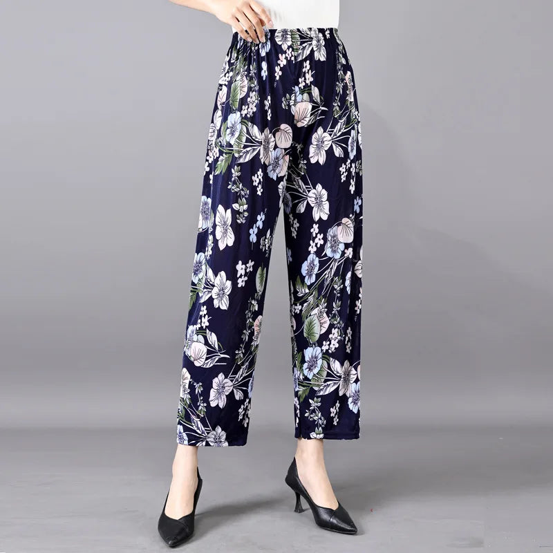 Summer Ladies Ice Silk Loose Casual Home Pants Elastic plus Size Mom Square Sports High Waist Straight Leg Length Nine Points