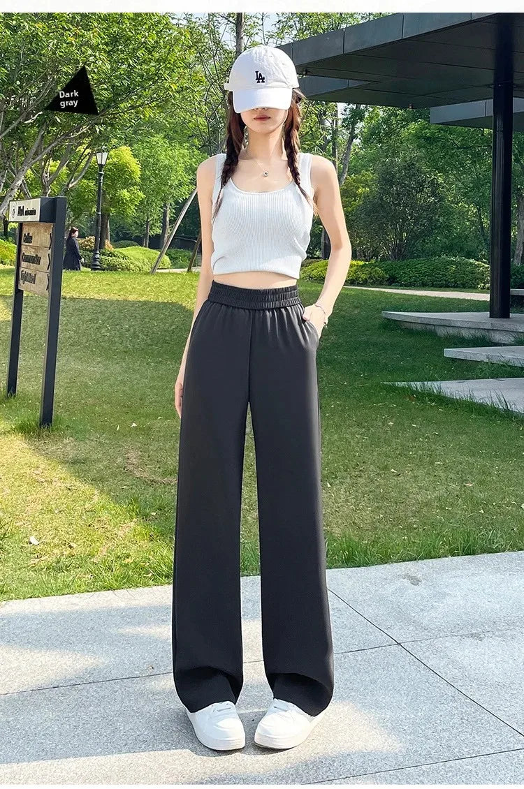 Slim Wide Leg Pants High Waist Drapey Thin Ice Silk Grey Small Size Straight Cut Women's Summer Trousers Long Pants